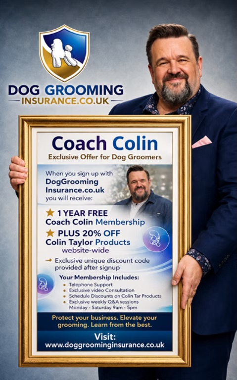 Colin Taylor holding the framed Coach Colin offer for DogGroomingInsurance.co.uk policyholders