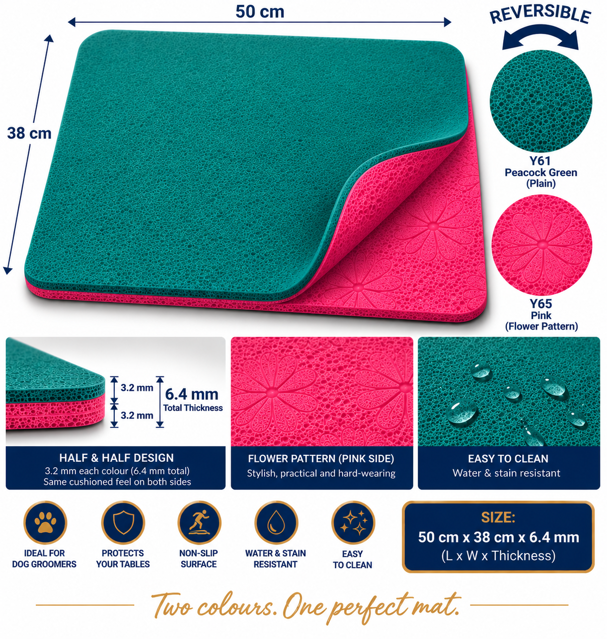 Reversible anti-fatigue mat diagram: 50 cm × 38 cm × 6.4 mm, green plain side and pink flower-pattern side